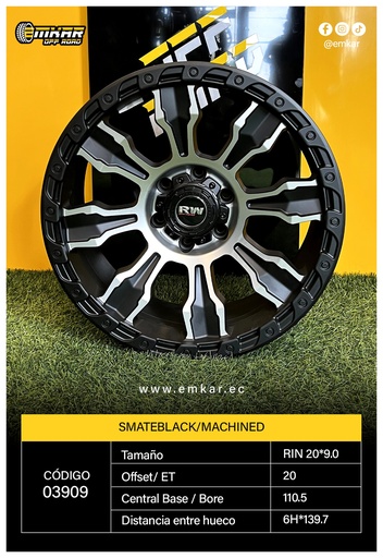[03909] RIN 20*9.0 6H*139.7 ET20 CB110.5 SMATEBLACK/MACHINED - RW803.10953